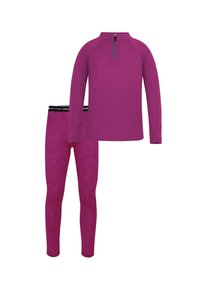 Magenta Langarmshirt mit halbem Reißverschluss am Kragen und passenden Leggings. Der Stoff wirkt dehnbar mit einer glatten Textur und einem subtilen Melange-Muster.