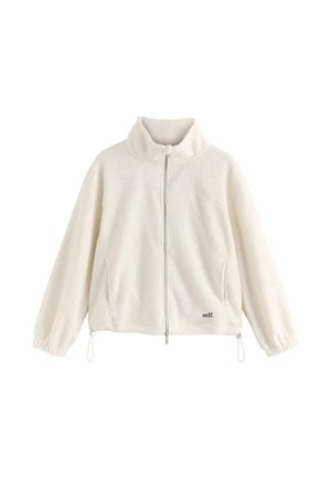 White fleece jacket with a high collar, zip closure, and elastic cuffs. Features logo embroidery and adjustable drawstrings at the hem.