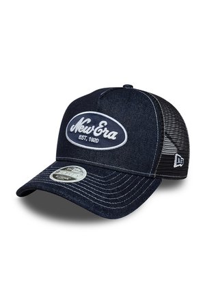Marineblaues New Era Baseballcap mit weiß gesticktem Logo "New Era EST. 1920", gebogenem Schirm und schwarzen Netzrückenteilen.