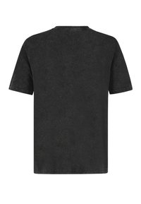 Black crew-neck t-shirt, short sleeves, made of cotton, featuring a slightly distressed texture and straight hem. No visible logos or patterns.
