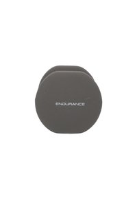 Rond, grijs silicone product met een gladde textuur; gebrandmerkt "ENDURANCE" in zilveren letters aan de voorkant. Compact ontwerp met een eenvoudige vorm.