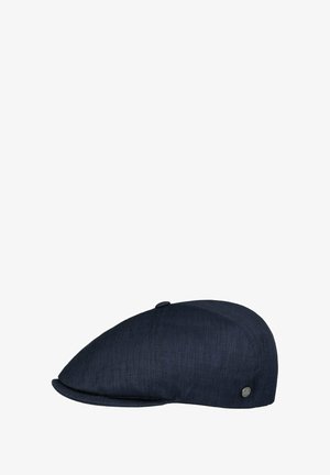Dark blue flat cap with a small button on top and a subtle brand emblem on the side, shown on a white background.