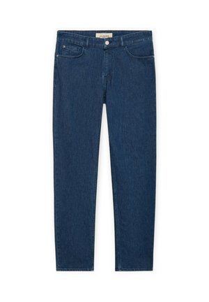 Vaqueros azul oscuro de pierna recta con bolsillos frontales, cierre de botón y una etiqueta Trussardi en la cintura sobre un fondo blanco.