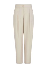 Pantaloni beige plissettati con vita alta, chiusura con bottone e gamba affusolata. Tessuto liscio con un'estetica semplice e pulita.