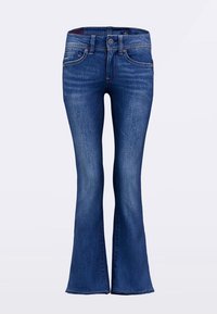 Μπλε τζιν από denim με καμπάνα, με μεσαίο ύψος μέσης, κλείσιμο με κουμπί και σχέδιο με πέντε τσέπες. Διαθέτει ελαφρύ ξεβάψιμο και αντίθετη ραφή.