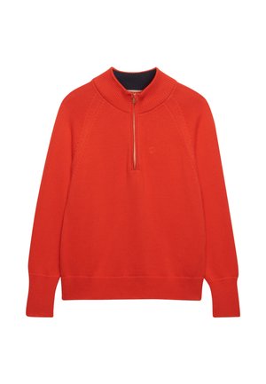 Jasnopomarańczowy dzianinowy sweter z długimi rękawami i krótkim zamkiem z przodu na wysokim prążkowanym kołnierzu.