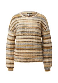 Sweter w paski w odcieniach beżu, brązu i szarości, z okrągłym dekoltem i luźnym krojem. Posiada ściągacze na rękawach oraz bogaty w teksturę design.