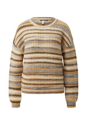 Pull en tricot rayé beige, marron et gris avec un col rond et une coupe décontractée. Présente des poignets côtelés et un design texturé.