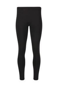 Zwarte sportleggingen gemaakt van rekbaar materiaal. Kenmerken een gladde textuur, een aansluitend ontwerp en een elastische tailleband. Geen zichtbare patronen of hardware.