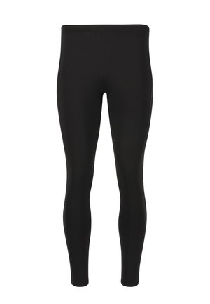 Zwarte sportleggingen gemaakt van rekbaar materiaal. Kenmerken een gladde textuur, een aansluitend ontwerp en een elastische tailleband. Geen zichtbare patronen of hardware.
