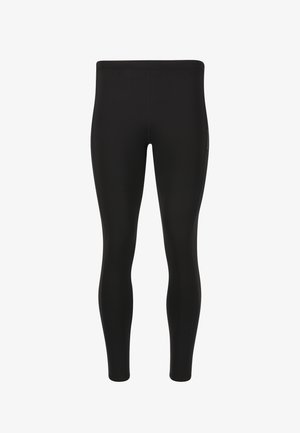 Schwarze Sportleggings aus dehnbarem Material. Sie weisen eine glatte Textur, ein figurbetontes Design und einen elastischen Bund auf. Keine sichtbaren Muster oder Beschläge.
