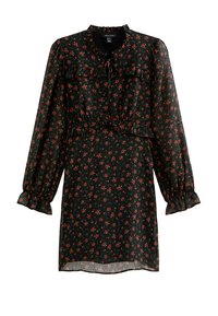 Robe noire à fleurs avec manches longues, taille cintrée, accents volants, et petits motifs de fleurs rouges sur un tissu transparent. Encolure arrondie.