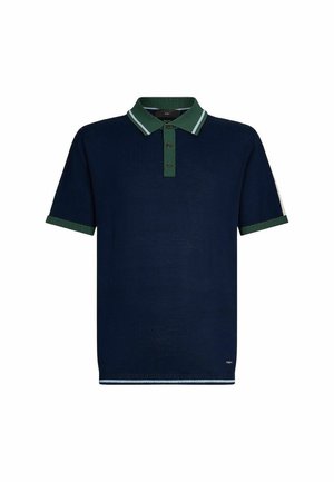 Marineblaues Polohemd mit grünem Kragen und Ärmeln, ausgestattet mit drei Knöpfen, kurzen Ärmeln und kontrastierenden hellblauen Akzenten am Saum.