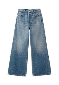 Jeans de denim de pierna amplia en azul claro, con un sutil patrón moteado y un diseño clásico de cinco bolsillos. Tela duradera con una textura suave.