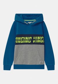 Felpa con cappuccio caratterizzata da una parte superiore blu e una inferiore grigia. Ha una tasca frontale, polsini a costine e testo in grassetto di colore giallo neon e nero.
