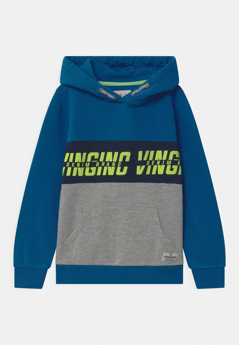 Felpa con cappuccio caratterizzata da una parte superiore blu e una inferiore grigia. Ha una tasca frontale, polsini a costine e testo in grassetto di colore giallo neon e nero.