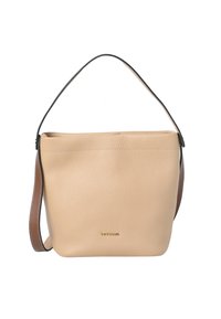 Lichtbeige leren bucketbag met een gladde textuur, een bruine schouderriem en subtiele branding aan de voorkant. Zacht, minimalistisch ontwerp.