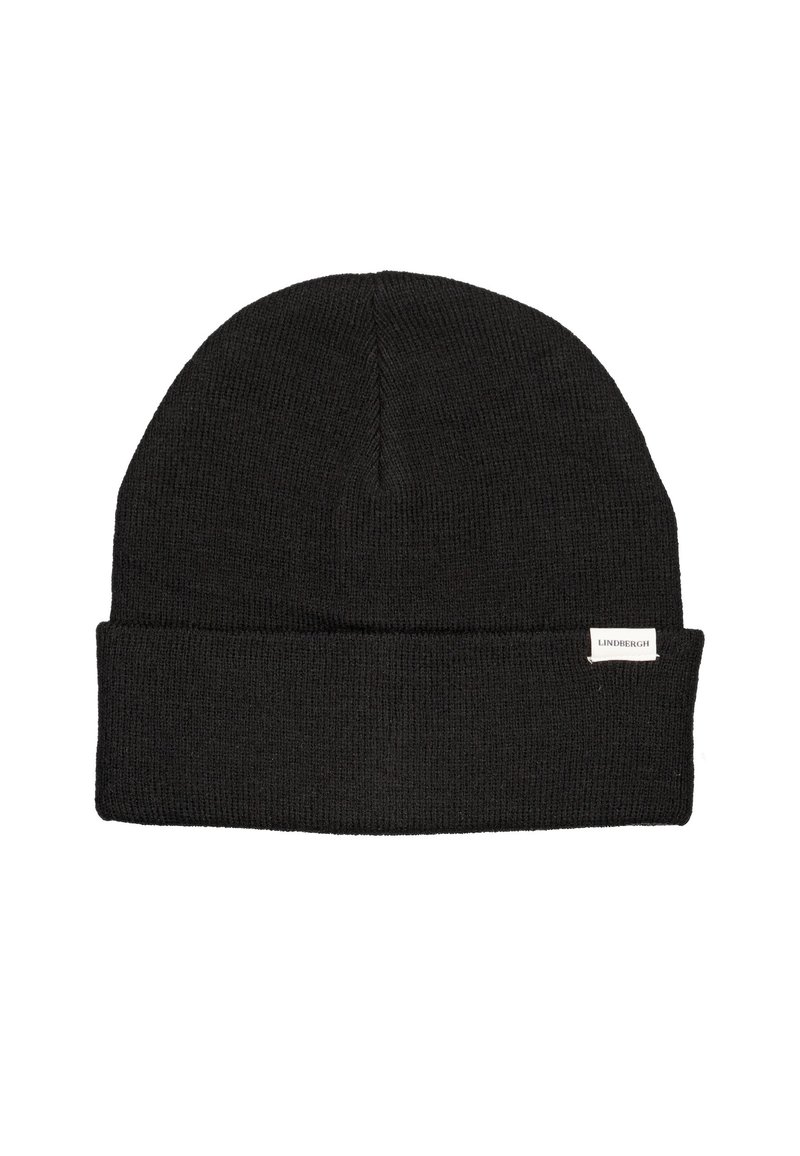 Berretto di maglia nero con bordo arrotolato e tessuto texturizzato. Presenta un piccolo etichetta con il nome del marchio sul lato. Design semplice e versatile.