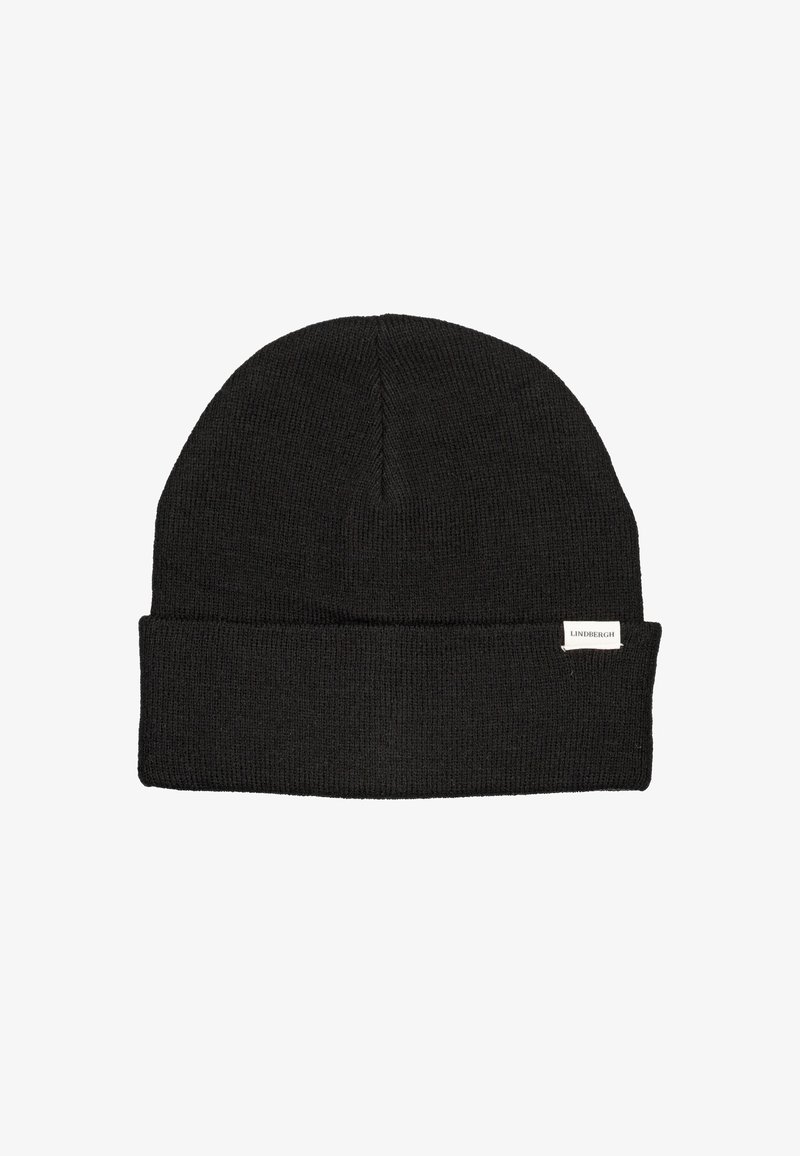 Berretto di maglia nero con bordo arrotolato e tessuto texturizzato. Presenta un piccolo etichetta con il nome del marchio sul lato. Design semplice e versatile.