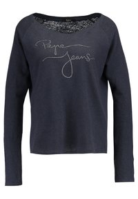 Mörkblå långärmad topp gjord av mjukt tyg, med en bred halsringning och "Pepe Jeans"-logotyp i silverfärgad kursiv brodering över framsidan.