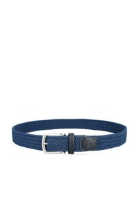 Granatowy pleciony pasek o gładkiej fakturze, z metalową klamrą i skórzanym akcentem z detalem logo. Regulowana wielkość dla lepszego dopasowania.