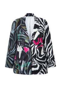 Blazer colorato con metà stampa zebra e metà design astratto, con grafica rosa e verde, inclusa un'illustrazione di un cane e testo.