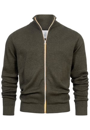 Junger Mann mit lockigem Haar, der einen olivgrünen, strukturierten Zip-Pullover über einem weißen T-Shirt und beigen Hosen trägt und nach links schaut.