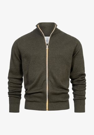 Jonge man met krullend haar, draagt een olijfgroene getextureerde zip-up trui over een wit T-shirt en beige broek, kijkt naar links.