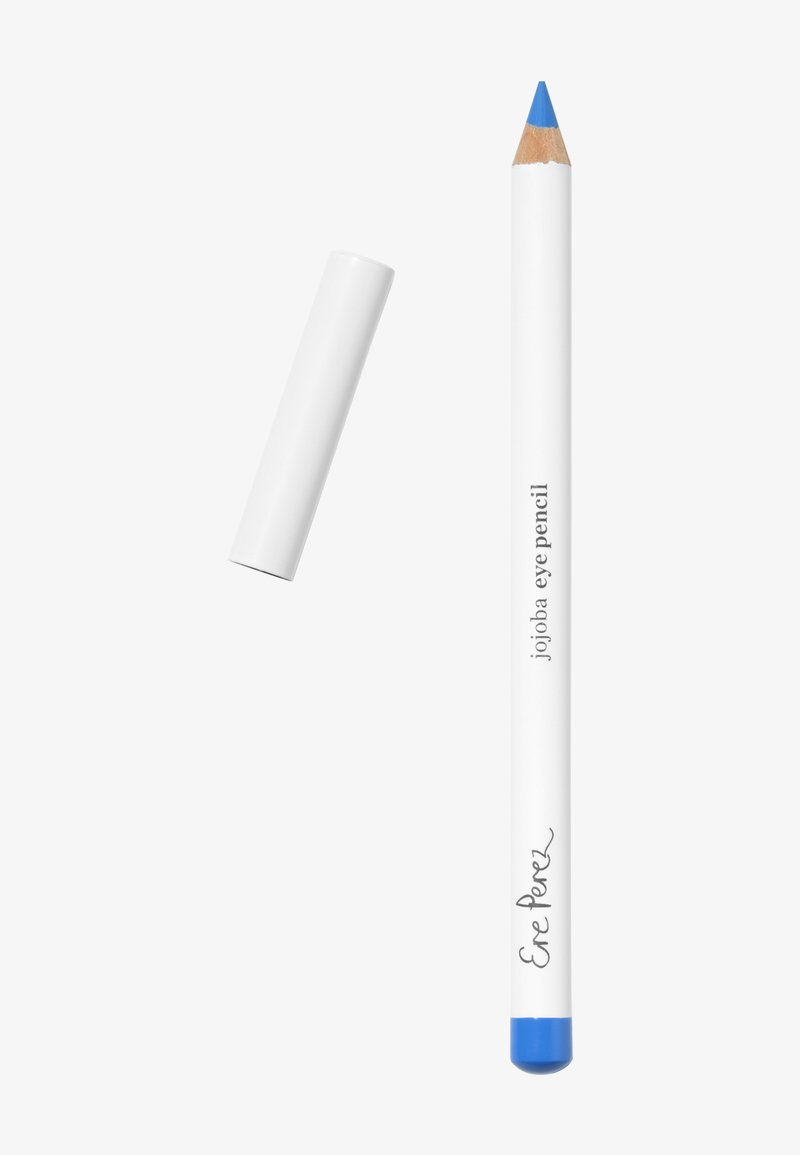 Crayon pour les yeux jojoba bleu avec un corps blanc et une pointe ronde ; présente un embout bleu et un lettrage de la marque en noir sur le côté.