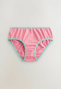 Roze katoenen ondergoed met lichtblauwe bies en strikdetail op de tailleband. Heeft een gladde structuur en een volledig dekkend ontwerp.