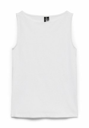 Hvid ærmeløs tanktop med rund halsudskæring og et sort mærke indeni kraven, lagt fladt på en hvid baggrund.