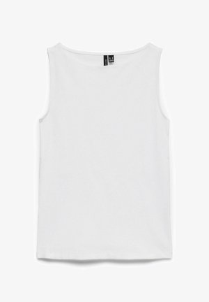 Witte mouwloze tanktop met een ronde hals en een zwart label aan de binnenkant van de kraag, plat liggend op een witte achtergrond.