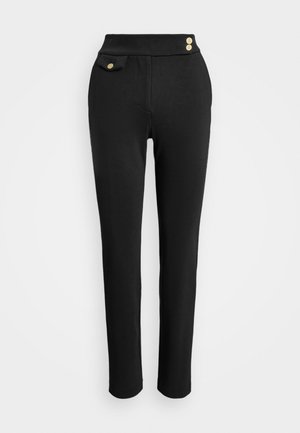 Black trousers made of stretchy fabric with a fitted design, high waistband featuring two gold-button accents and a small front pocket.