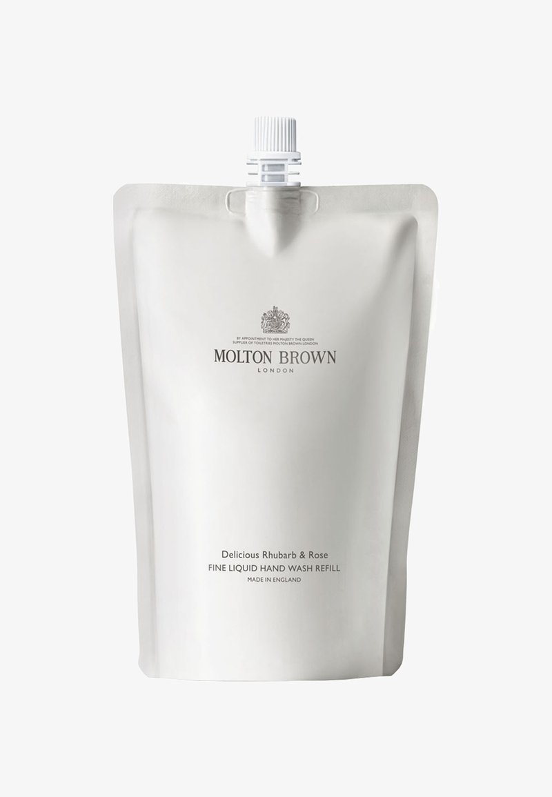 Molton Brown Rhubarb & Rose feine Flüssig-Handwasch-Nachfüllpackung mit Schraubverschluss, weiße Verpackung, hergestellt in England.