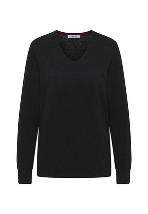 Maglione nero a maniche lunghe con scollo a V, realizzato in materiale morbido. Presenta un colore uniforme con una texture delicata e maniche a sbuffo.