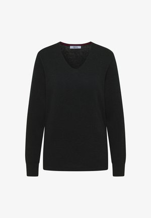Maglione nero a maniche lunghe con scollo a V, realizzato in materiale morbido. Presenta un colore uniforme con una texture delicata e maniche a sbuffo.