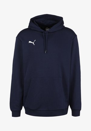 Sweat à capuche bleu marine en tissu doux, avec une poche kangourou à l'avant, une capuche à cordon, et un logo Puma blanc sur la poitrine.
