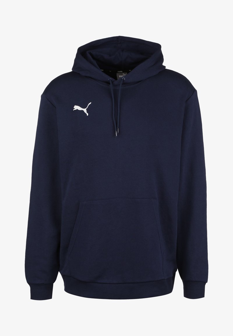 Sweat à capuche bleu marine en tissu doux, avec une poche kangourou à l'avant, une capuche à cordon, et un logo Puma blanc sur la poitrine.