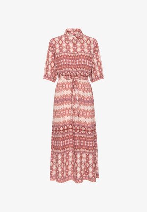 Lange, kort mouwen jurk met een kraag, gemaakt van een gemêleerd, roze en crèmekleurig stof, met een strik taille en een vloeiende zoom.