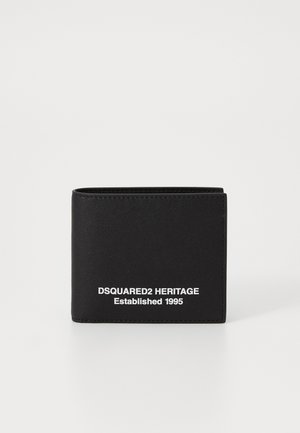Black leather wallet, bi-fold design, featuring white text "DSQUARED2 HERITAGE Established 1995" on the front, smooth texture.