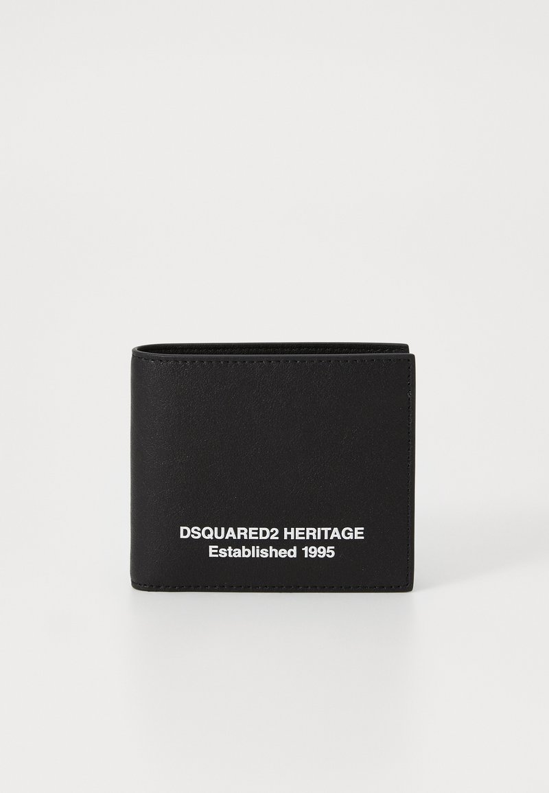 Black leather wallet, bi-fold design, featuring white text "DSQUARED2 HERITAGE Established 1995" on the front, smooth texture.