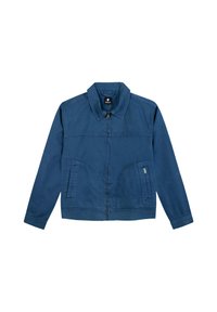 Blauwe katoenen jas met een ritssluiting aan de voorkant, gestructureerde kraag en twee zijzakken. Heeft een textuurafwerking en stikseldetails.