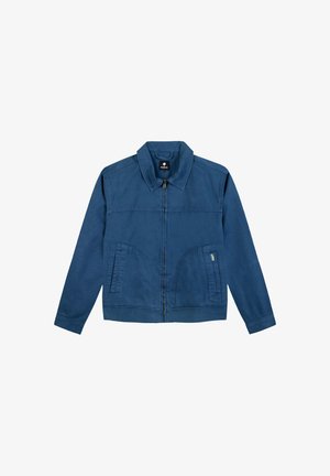 Blauwe katoenen jas met een ritssluiting aan de voorkant, gestructureerde kraag en twee zijzakken. Heeft een textuurafwerking en stikseldetails.