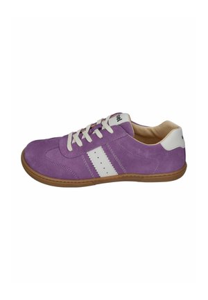 Purple suede sneaker with white laces, white side stripe, and tan rubber sole, viewed from the outer side.