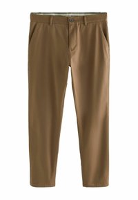 Pruunid puuvillased püksid sirge säärega, ees taskud ja kinnituvad nööbiga. Sile tekstuur, mustrid puuduvad.