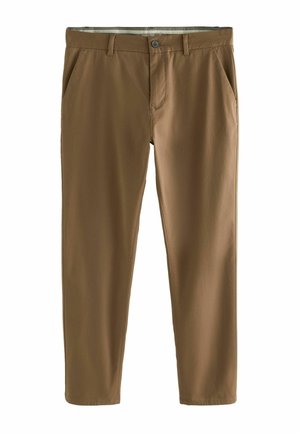 Pantaloni di cotone marrone con design a gamba dritta, tasche frontali e chiusura con bottone. Tessuto liscio senza motivi visibili.