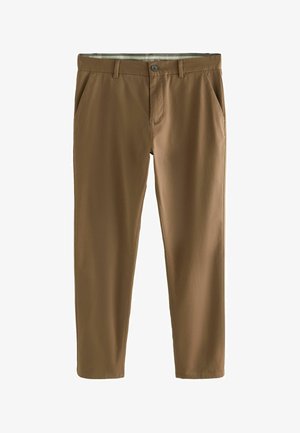 Brune bomuldsbukser med lige ben, forlommer og knaplukning. Glat tekstur uden synlige mønstre.