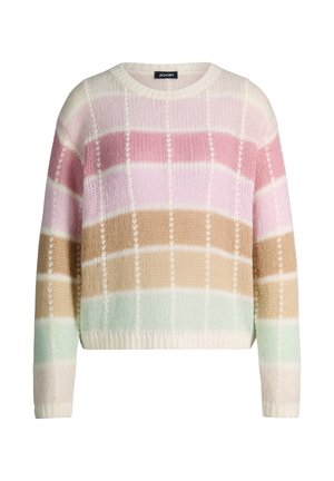 Gestreepte gebreide trui met horizontale banden in roze, beige en lichtgroen, voorzien van een ronde halslijn en geribbelde boorden en zoom.