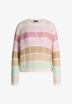 Gestreepte gebreide trui met horizontale banden in roze, beige en lichtgroen, voorzien van een ronde halslijn en geribbelde boorden en zoom.