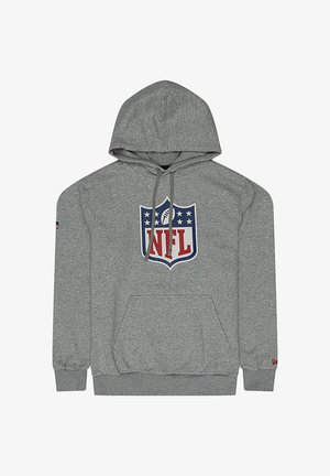 Grauer Pullover-Hoodie mit einer frontalen Tasche, NFL-Logo in Blau und Rot auf der Brust, verstellbare Kapuze mit Zugband und gerippten Bündchen.